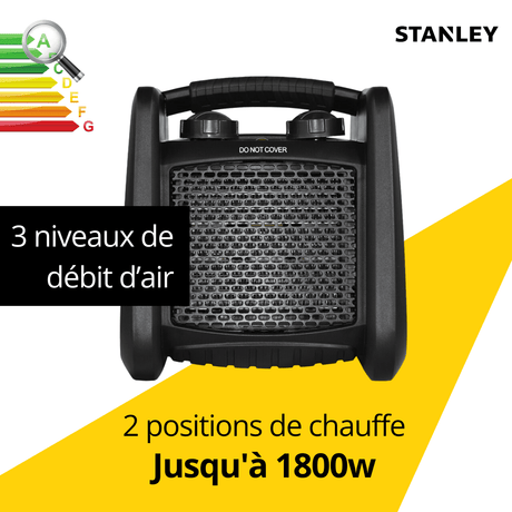 Chauffage électrique chantier 1800W - fusible de sécurité - 2 positions de chauffe - Stanley
