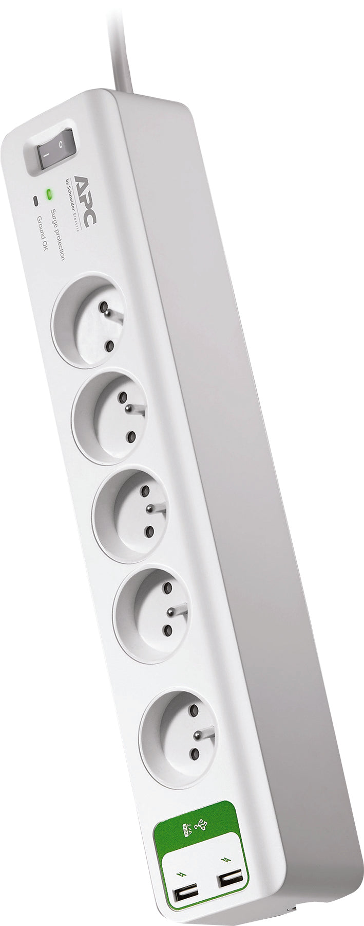 Bloc parafoudre 5 prises 2P+T + 2 USB - Blanc - Schneider
