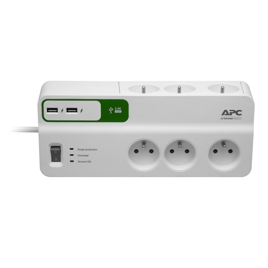 Bloc parafoudre 6 prises 2P+T + 2 USB - Blanc - Schneider