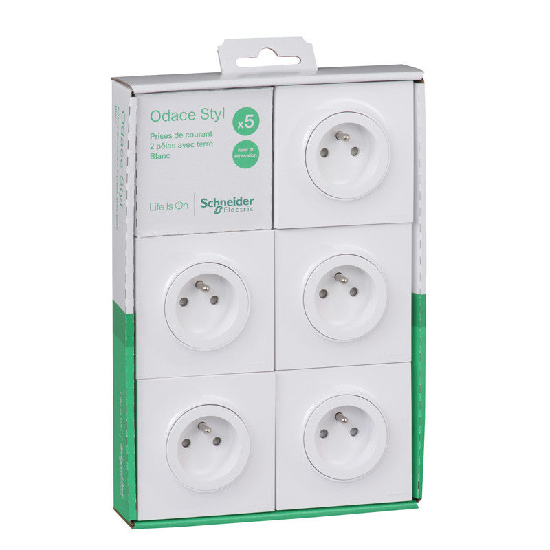 Lot de 5 prises 2P+T + plaque Odace - Schneider