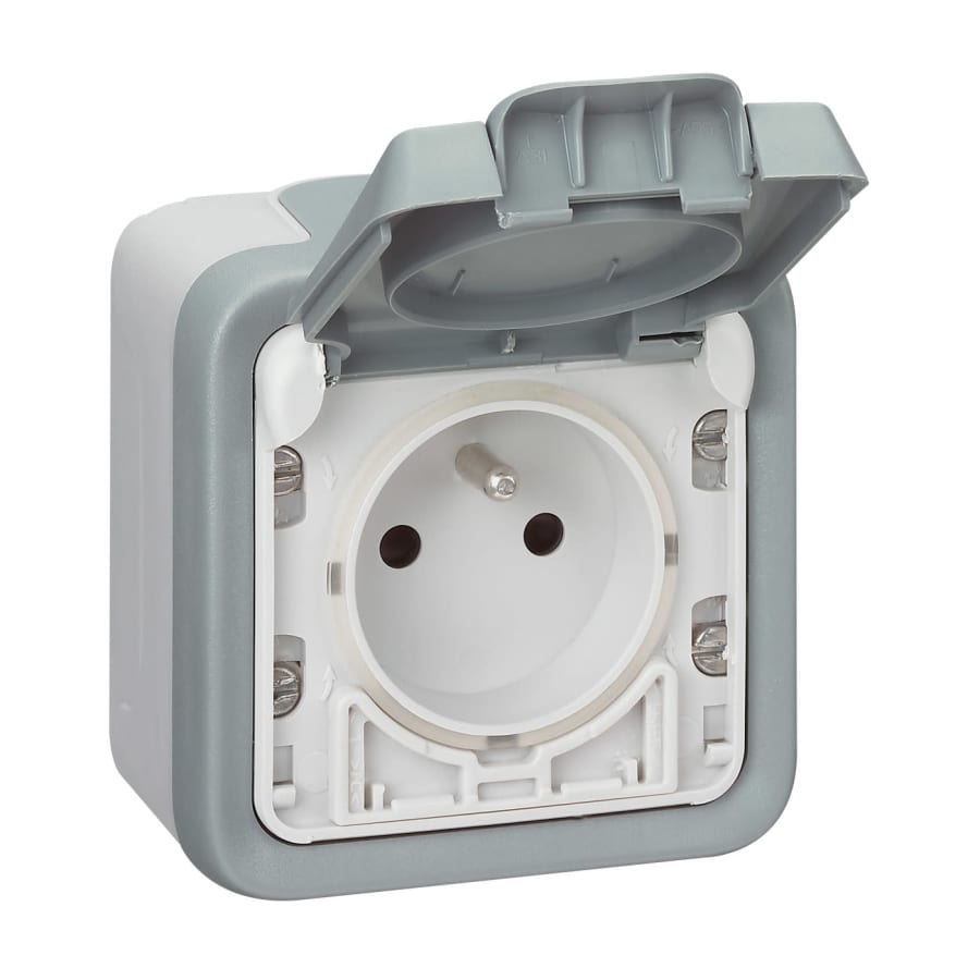 Prise étanche ouv auto + clapet protection IP55 complet saillie - Plexo - gris - Legrand