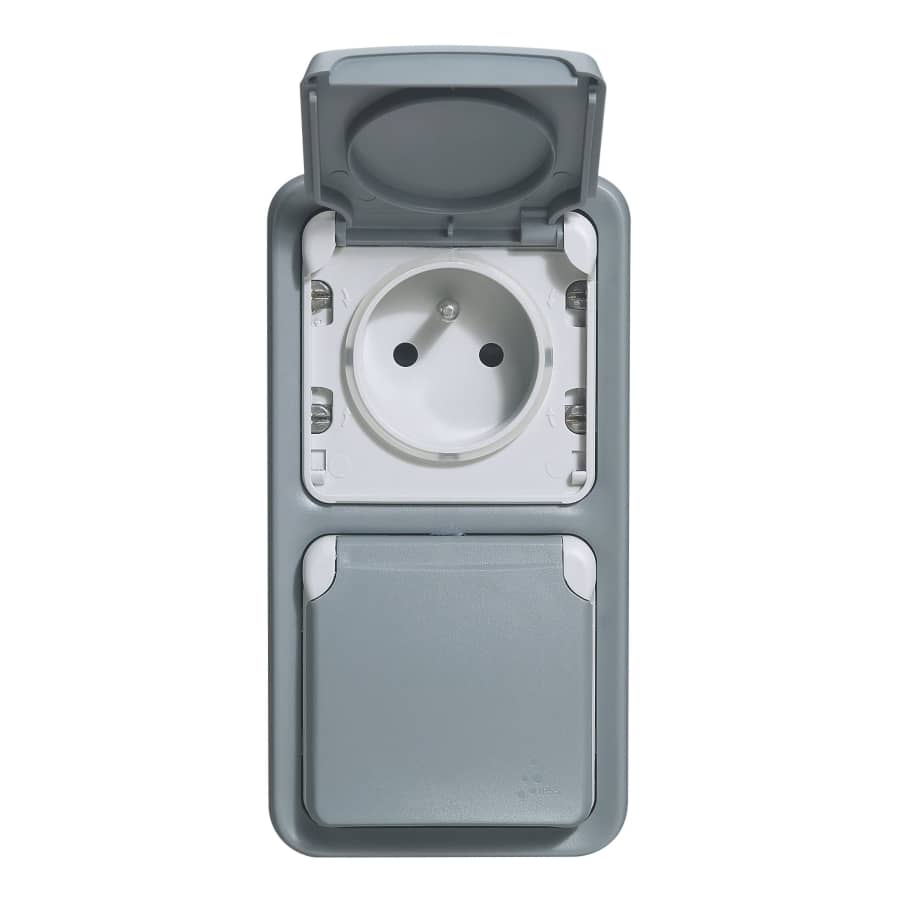 Double prise étanche verticale IP55 complet saillie - Plexo - gris - Legrand