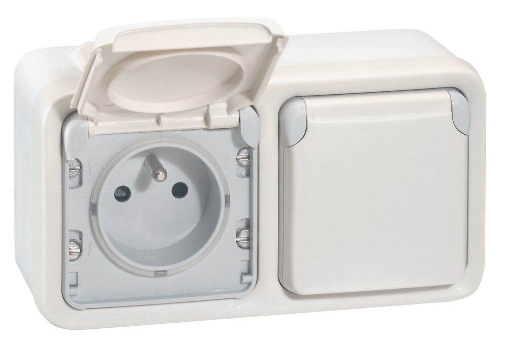 Double prise + clapet protection IP55 complet saillie - Plexo - Legrand