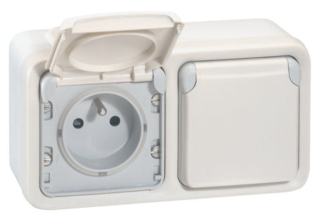 Double prise + clapet protection IP55 complet saillie - Plexo - Legrand