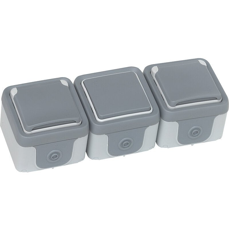 Lot interrupteur va et vient 10A + 2 prises IP55 saillie 2P+T 16A - Plexo - gris - Legrand