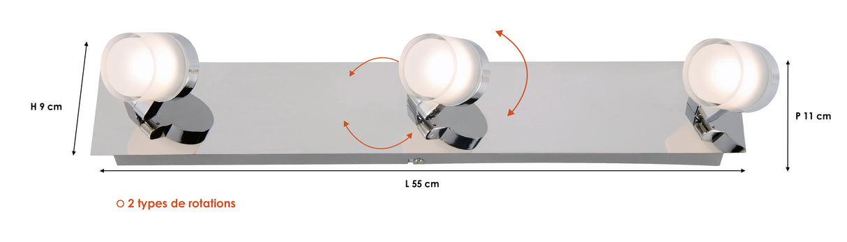 Réglette 3 Spots spécial Salle de Bain IP44 (13,5W 1050lm 3000K) Chrome - Voltman