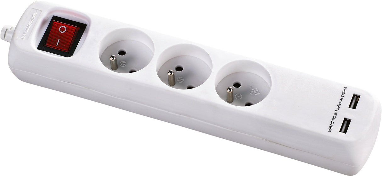 Bloc multiprise + interrupteur 3 prises 2P+T + 2 USB - Dio