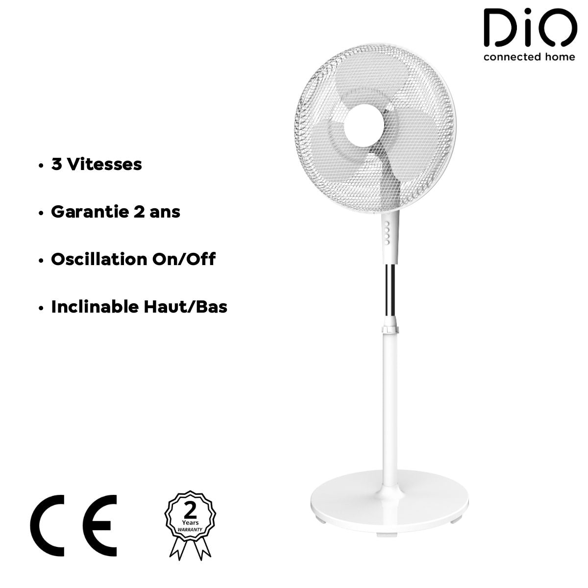 Ventilateur silencieux oscillant 45W Ø40cm 3 vitesses - Blanc - DiO