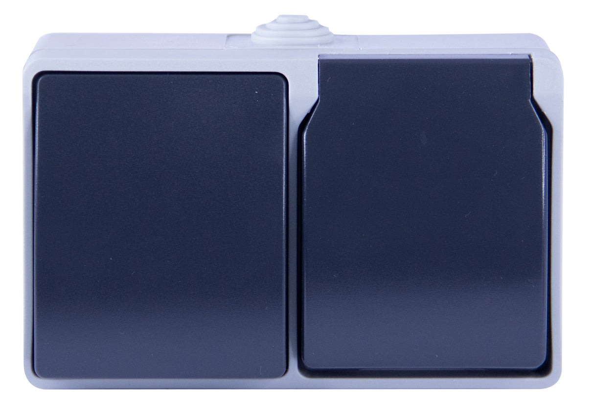 Interrupteur va et vient + prise 2P+T en saillie Aquatop IP54 - gris et blanc - Dio