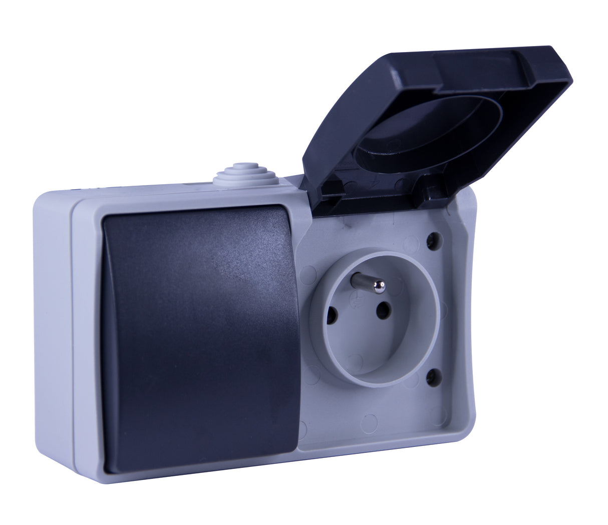 Interrupteur va et vient + prise 2P+T en saillie Aquatop IP54 - gris et blanc - Dio