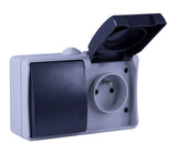Interrupteur va et vient + prise 2P+T en saillie Aquatop IP54 - gris et blanc - Dio