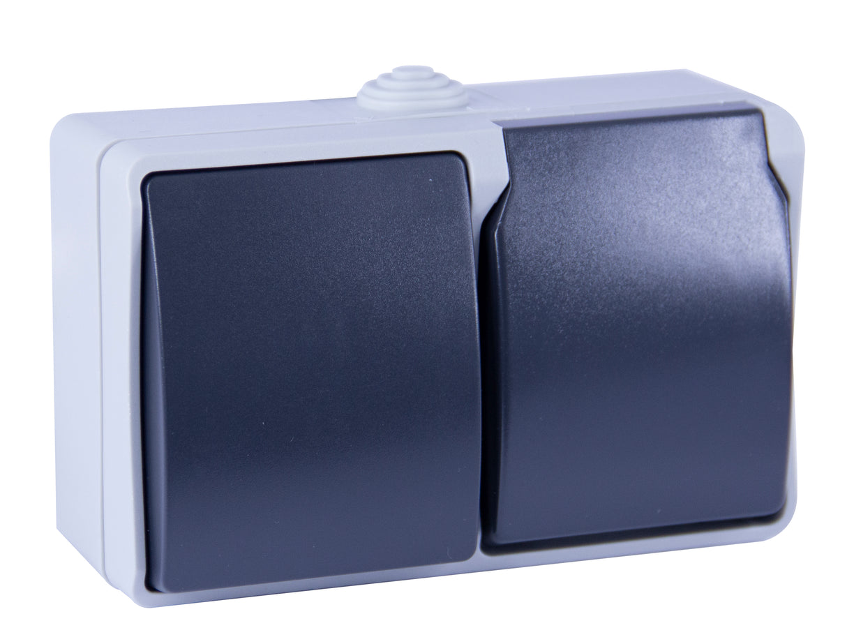 Interrupteur va et vient + prise 2P+T en saillie Aquatop IP54 - gris et blanc - Dio