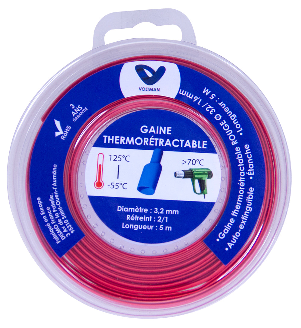 Gaine thermorétractable 5m - Ø3,2/1,6mm - Rouge - Voltman