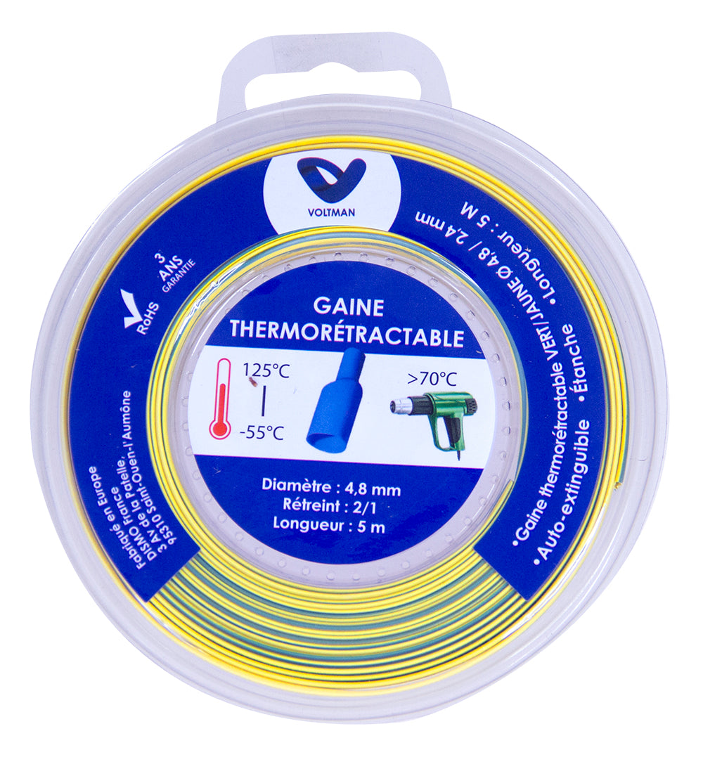 Gaine thermorétractable 5m - Ø4,8/2,4mm - Vert/Jaune - Voltman