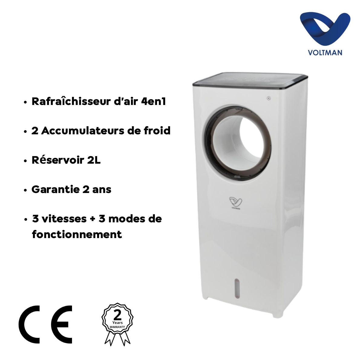 Rafraîchisseur d'air 4en1 humidificateur et purificateur - 80W - Blanc - réservoir 2L - Voltman