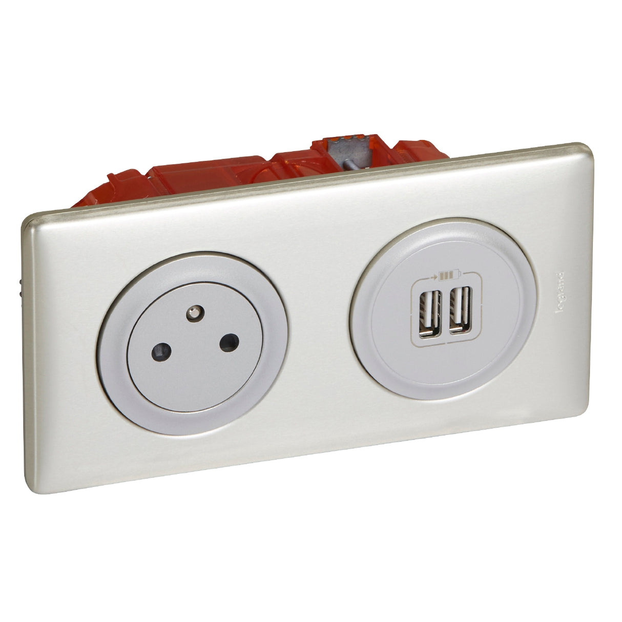 Prise affleurante 2P+T 16A + 2xUSB + boîte encastrement - titanium - Legrand