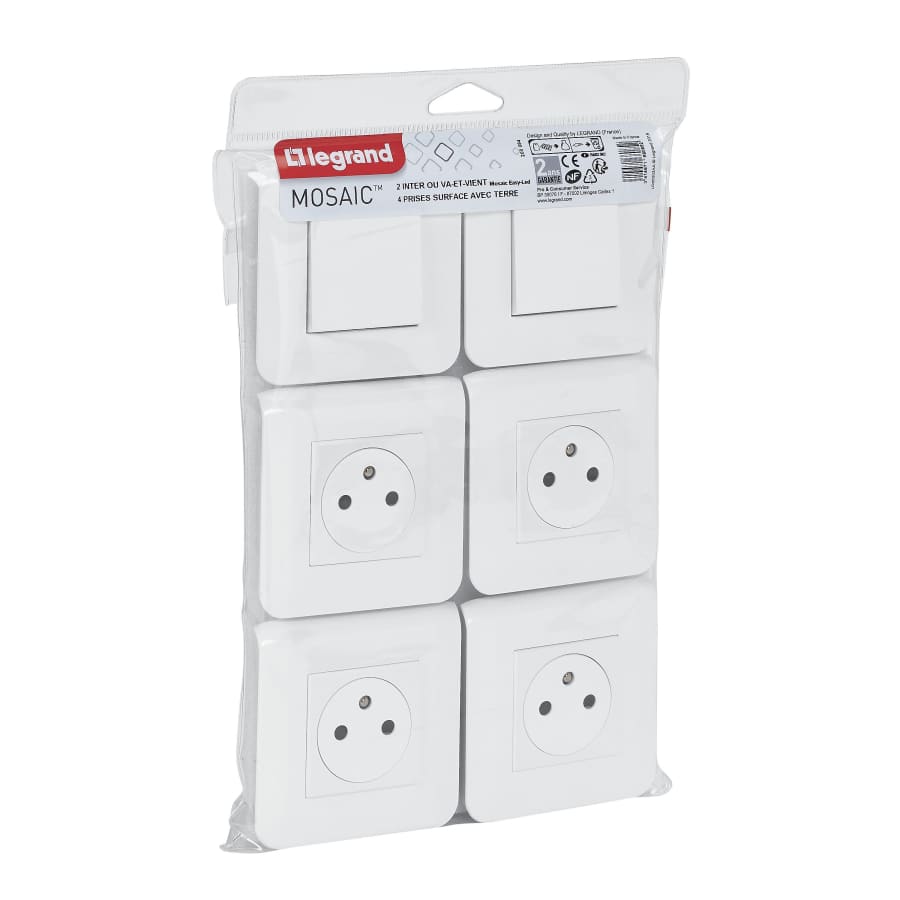 Lot de 4 prises encastrées 2P+T 16A + 2 va et vient 10A complet - Mosaic - blanc - Legrand