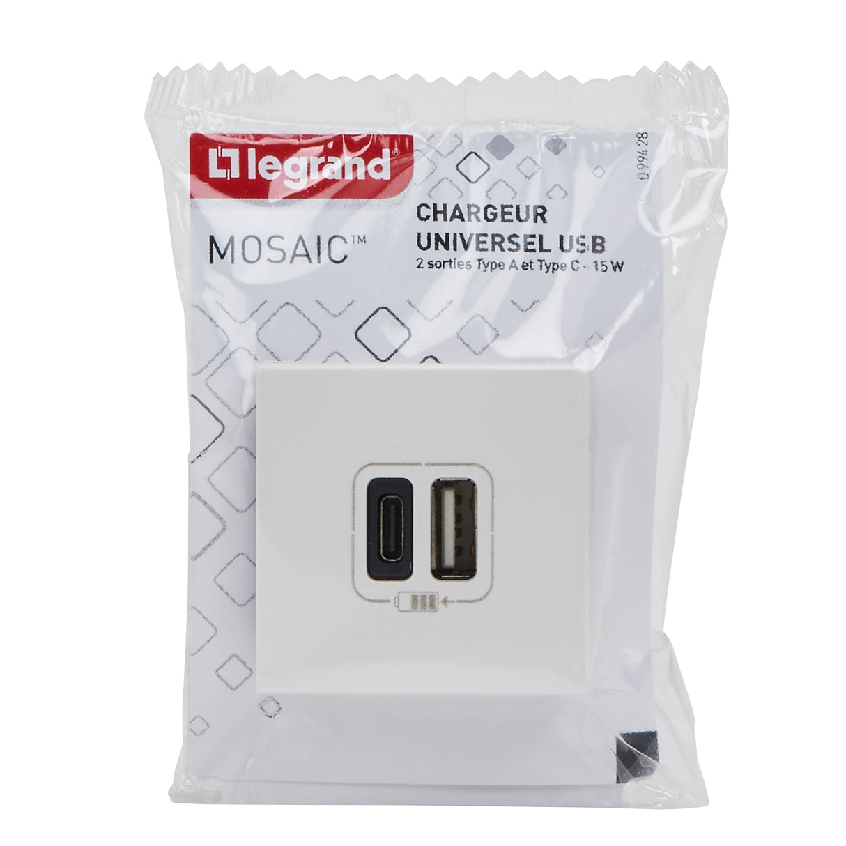 Double chargeur USB-A+C 3A 2 modules à composer - Mosaic - blanc - Legrand