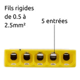Lot de 50 bornes S2273 - Connexion rapide - 5 conducteurs - fils rigides 2,5mm² - Jaune - Wago