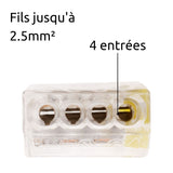 Lot de 10 bornes S2273 - Connexion rapide - 4 conducteurs - fils rigides 2,5mm² - Jaune - Wago