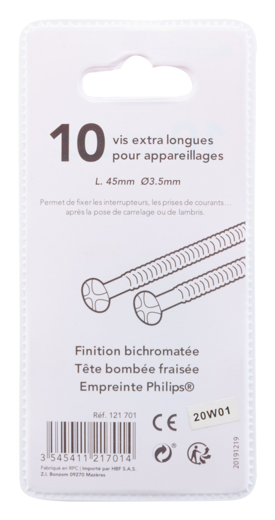 Lot de 10 vis de fixation appareillage 45xØ3,5mm - Zenitech