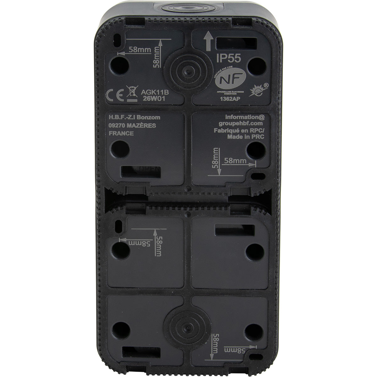 Prise type E IP55 - 2P+T 16A + va et vient - bornes auto - saillie - gamme Granite - Protec