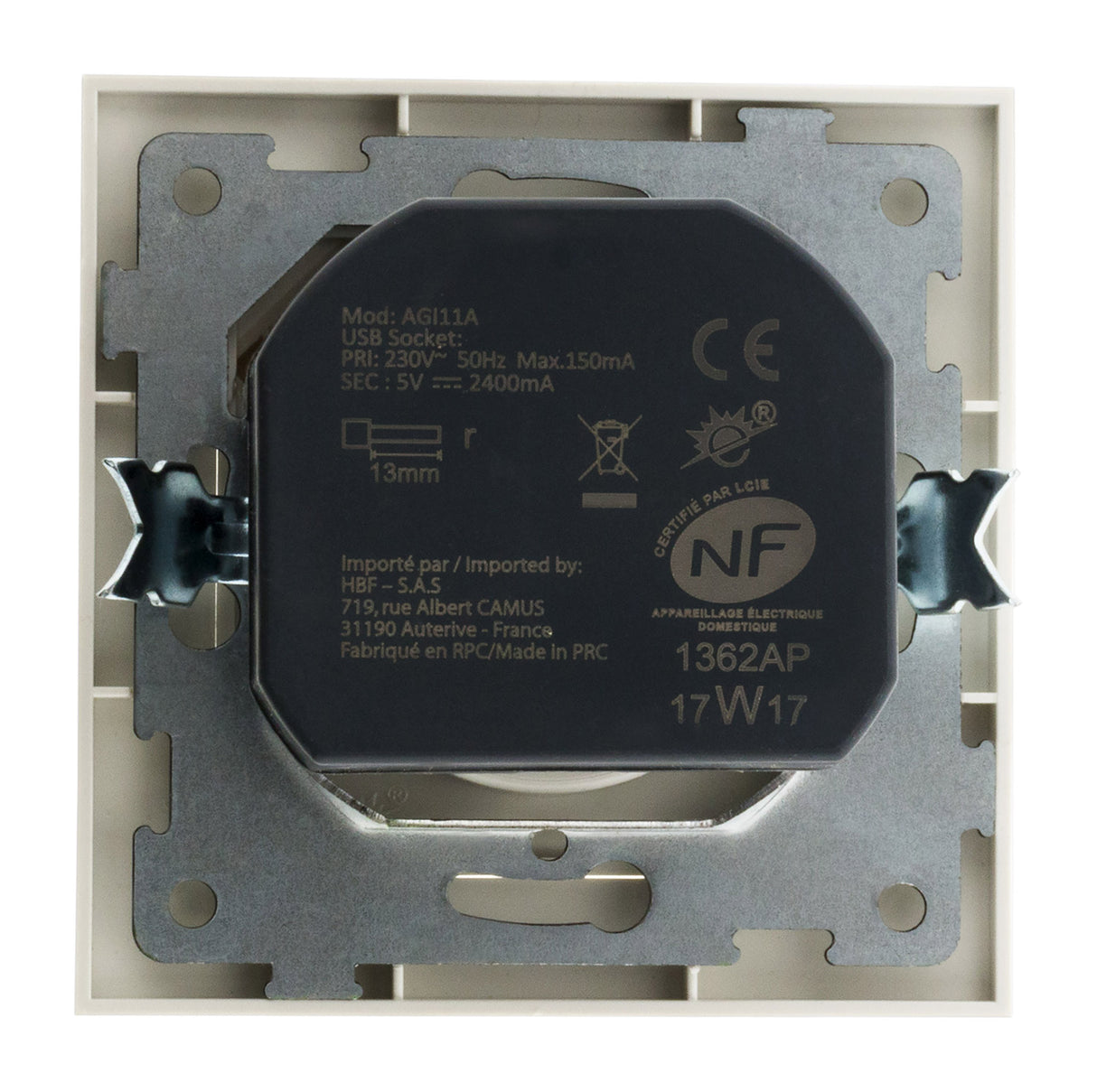 Prise 2P+T 16A encastrable + USB 2,1A - blanc - Zenitech