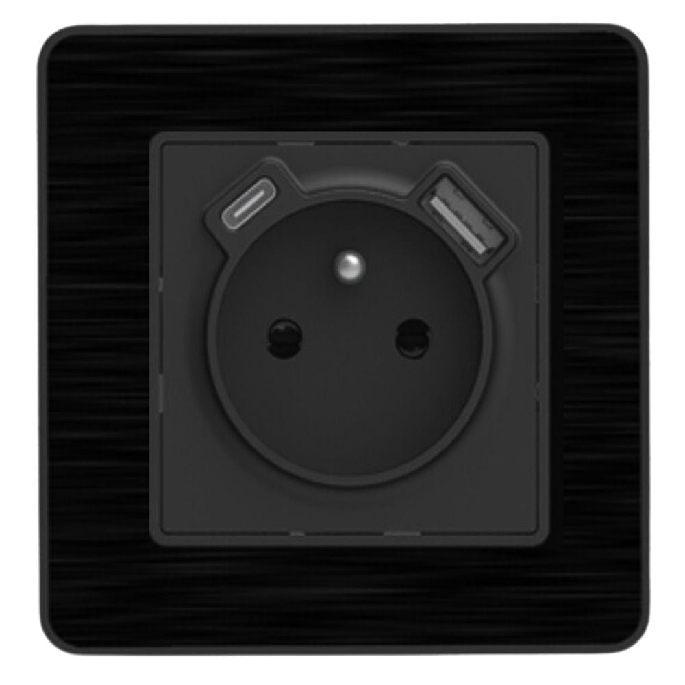 Prise 2P+T 16A USB A + USB-C 2,4A complet - métal Noir brossé Kouro - Zenitech