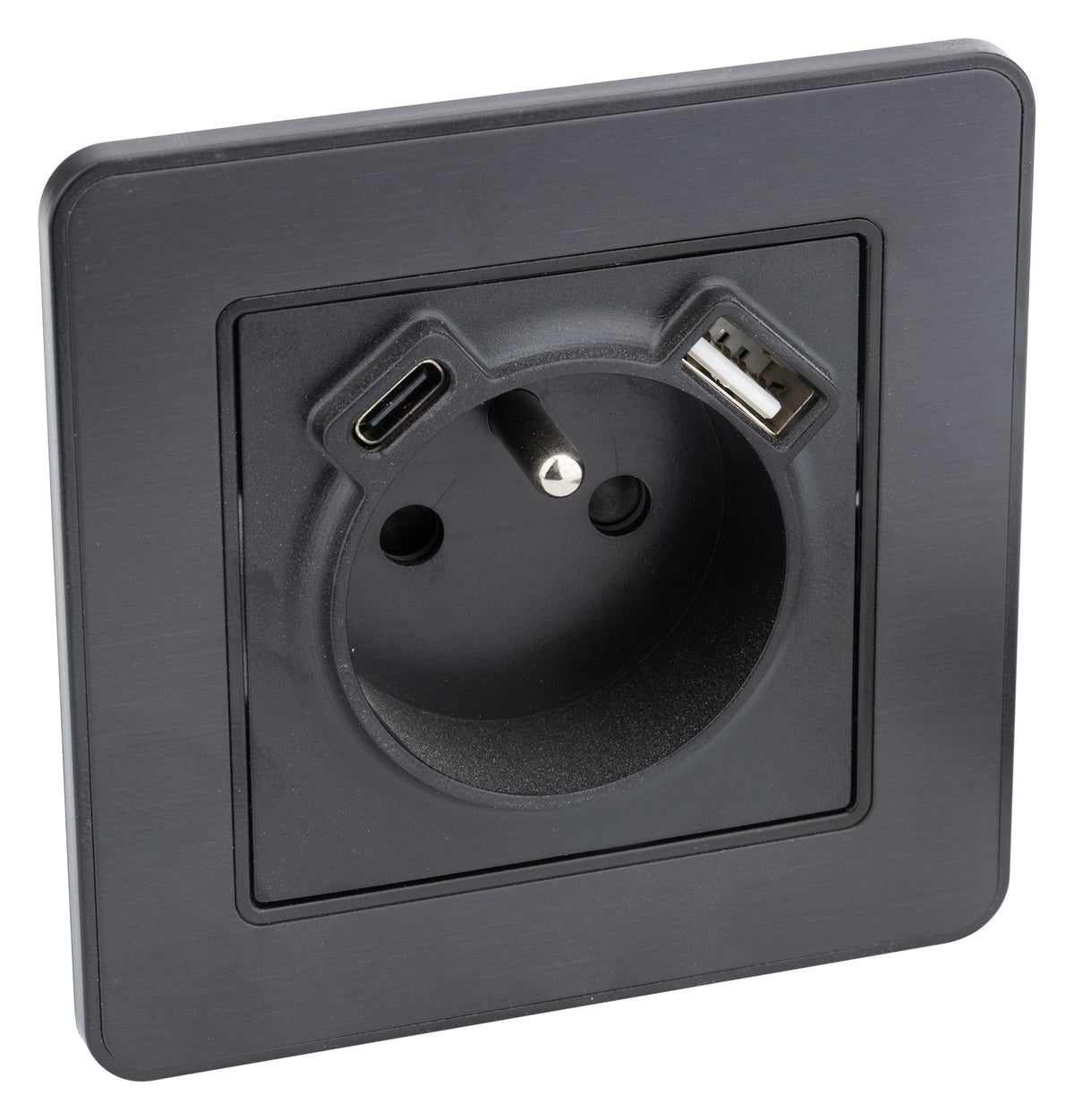 Prise 2P+T 16A USB A + USB-C 2,4A complet - métal Noir brossé Kouro - Zenitech