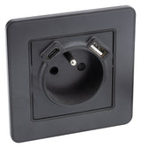 Prise 2P+T 16A USB A + USB-C 2,4A complet - métal Noir brossé Kouro - Zenitech