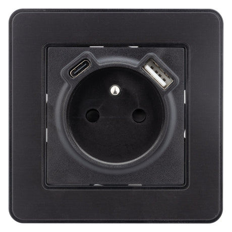 Prise 2P+T 16A USB A + USB-C 2,4A complet - métal Noir brossé Kouro - Zenitech