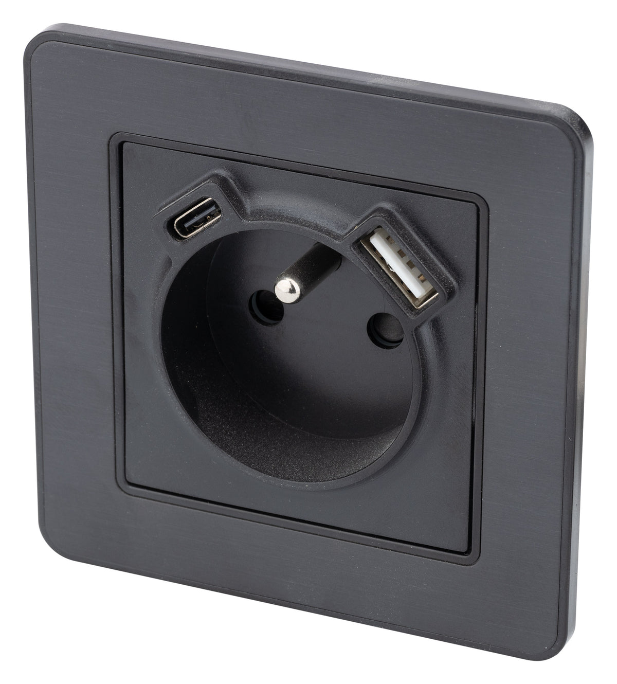 Prise 2P+T 16A USB A + USB-C 2,4A complet - métal Noir brossé Kouro - Zenitech
