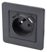 Prise 2P+T 16A USB A + USB-C 2,4A complet - métal Noir brossé Kouro - Zenitech
