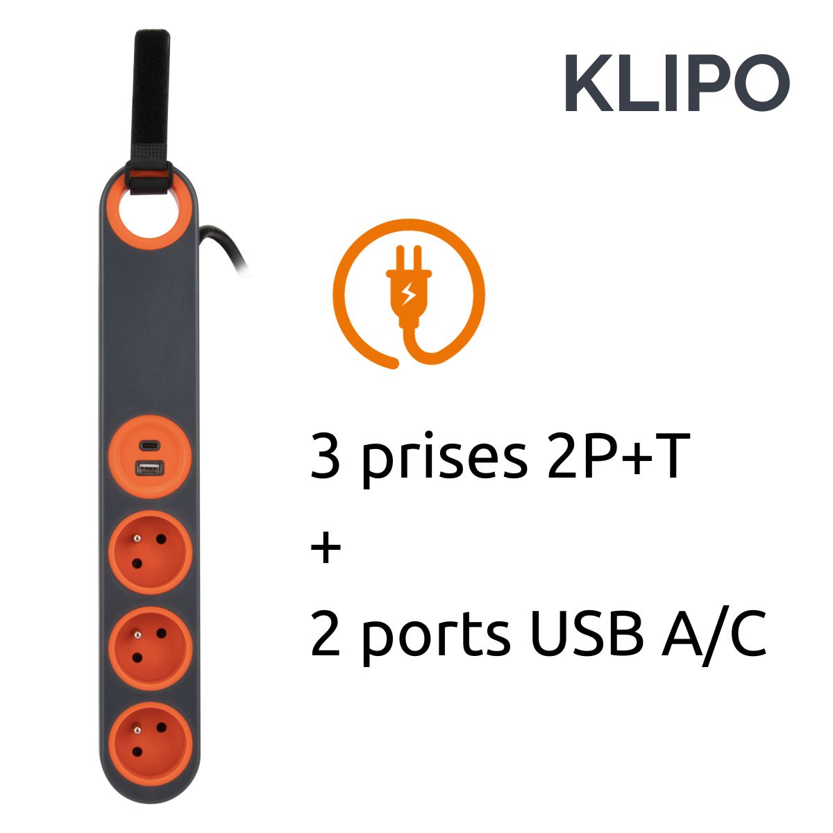 Bloc multiprise Klipo travaux et chantiers avec lampe LED - 3 prises 2P+T et USB Orange - Zenitech