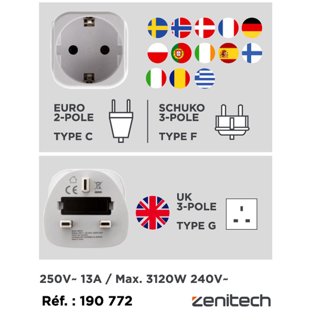 Adaptateur voyage France/UE - Angleterre/UK Zenitech