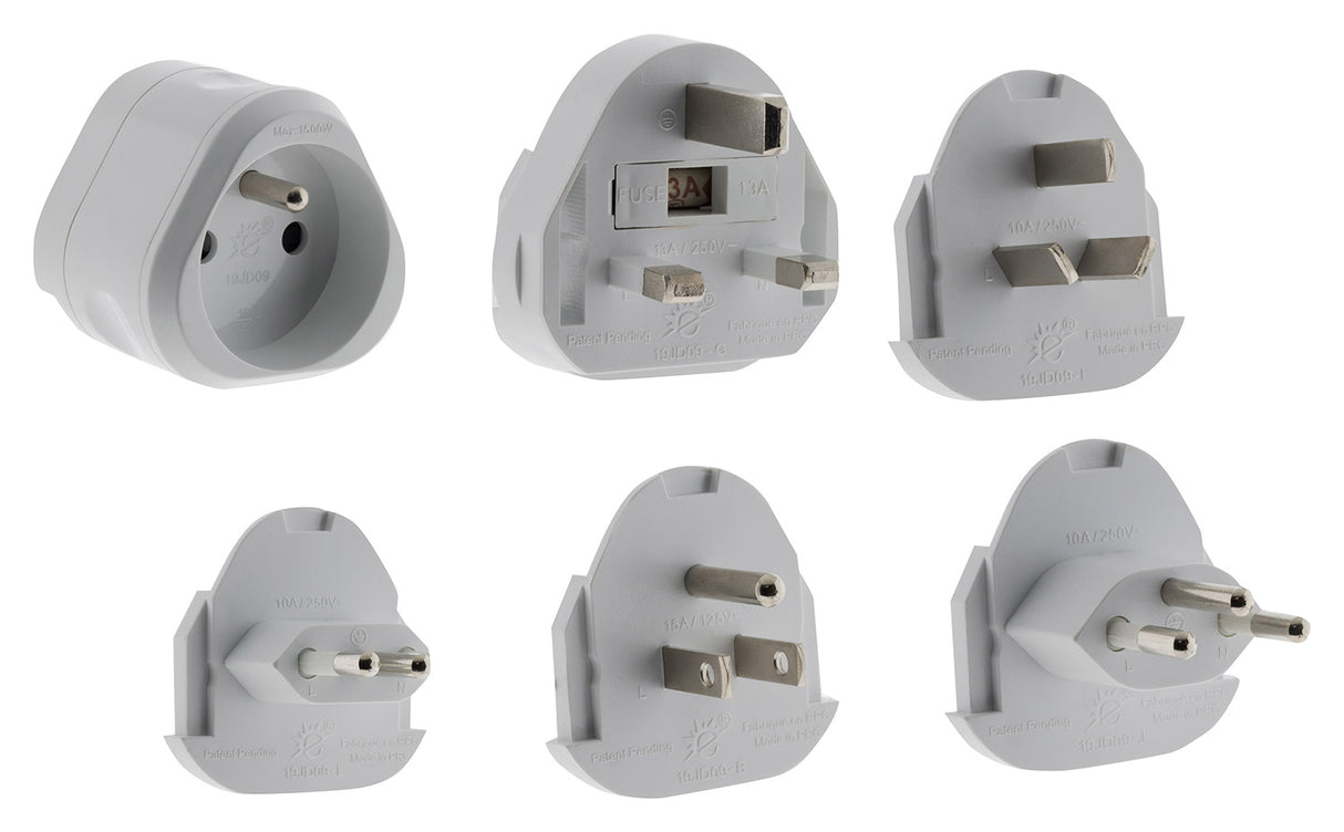 Lot de 6 adaptateurs de voyage 5 prises mâles + 100 pays - pochette offerte - Blanc - Zenitech
