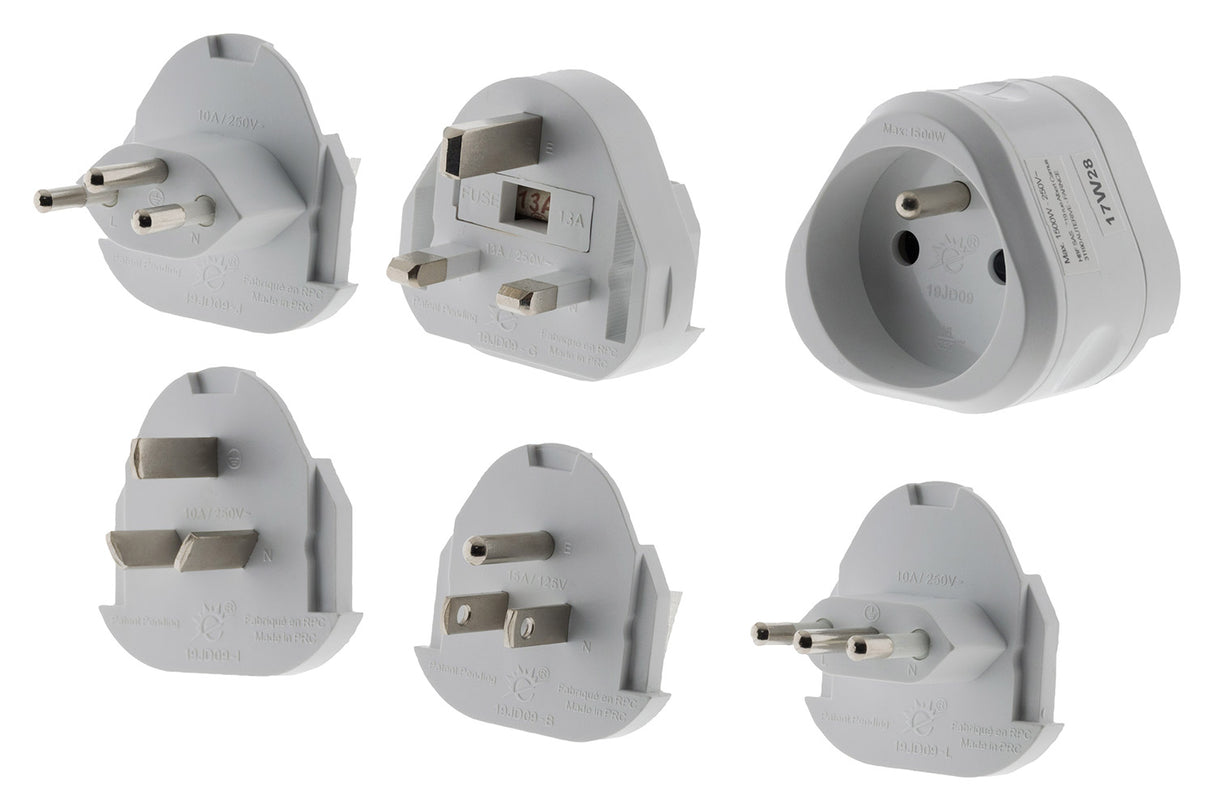 Lot de 6 adaptateurs de voyage 5 prises mâles + 100 pays - pochette offerte - Blanc - Zenitech