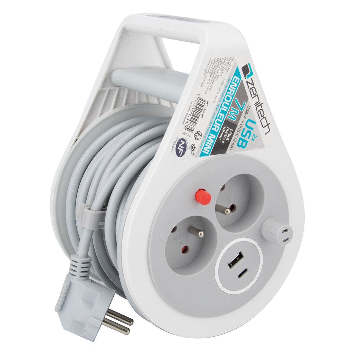 Mini enrouleur design 2 prises + 2 USB 7 mètres - Zenitech