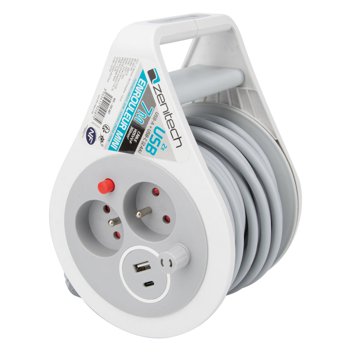 Mini enrouleur design 2 prises + 2 USB 7 mètres - Zenitech