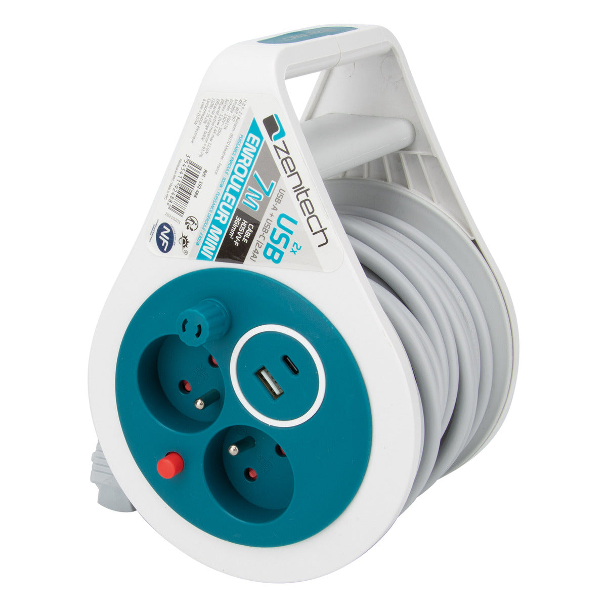 Mini enrouleur design 2 prises + 2 USB 7 mètres - Zenitech