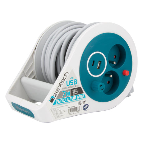 Mini enrouleur design 2 prises + 2 USB 7 mètres - Zenitech