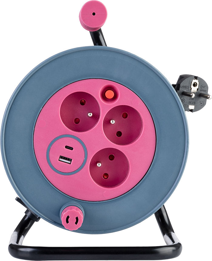 Enrouleur bricolage 3 prises + 2 USB-A/C - Rose - Zenitech