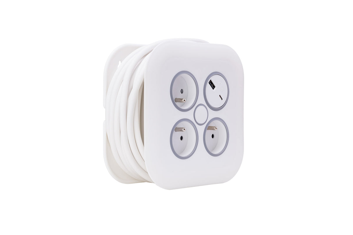 Enrouleur électrique domestique 3 prises + 2 USB-A/C - Blanc - Zenitech
