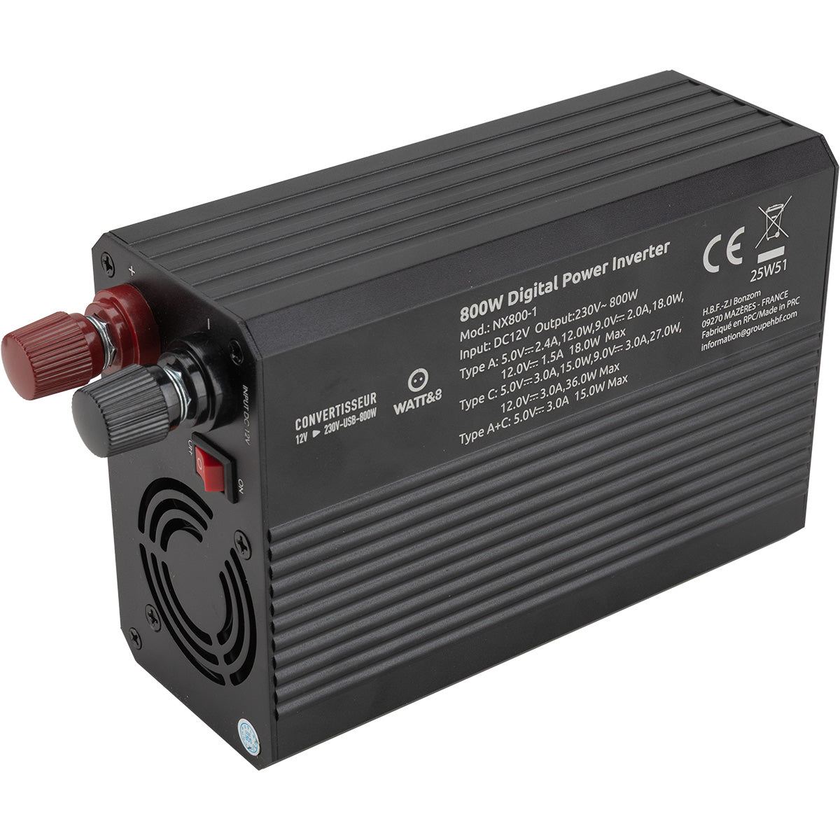 Convertisseur de tension voiture 800W USB-A+C - Watt and Co