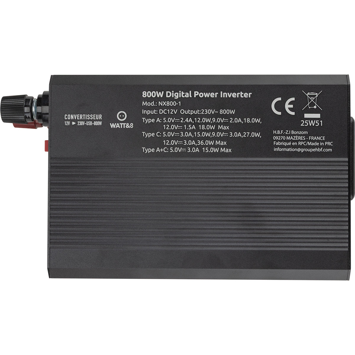 Convertisseur de tension voiture 800W USB-A+C - Watt and Co