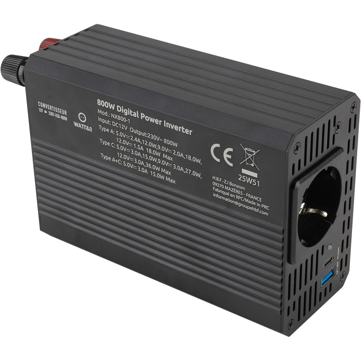 Convertisseur de tension voiture 800W USB-A+C - Watt and Co
