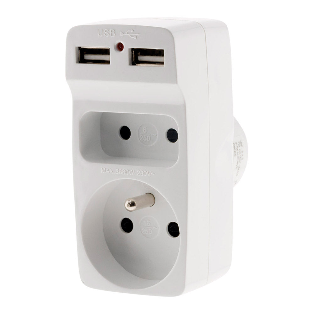 Multiprise biplite 2P 6A + 2P+T 16A + chargeur USB - Zenitech