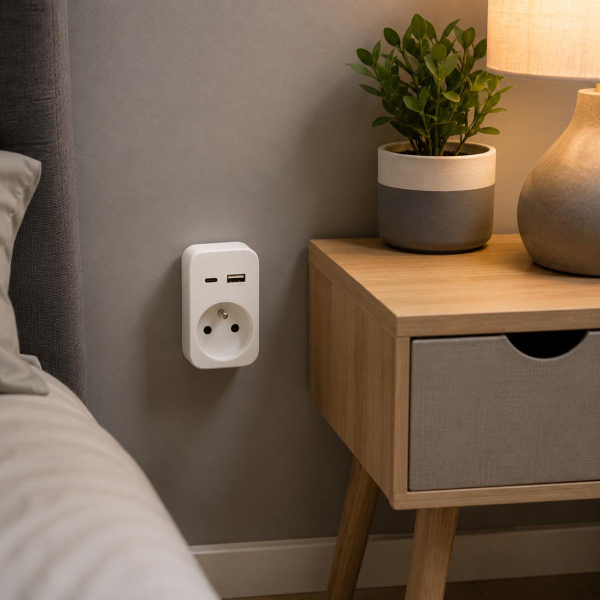 Prise murale 2P+T 16A 230V 3680W - USB A + USB-C - Watt and Co