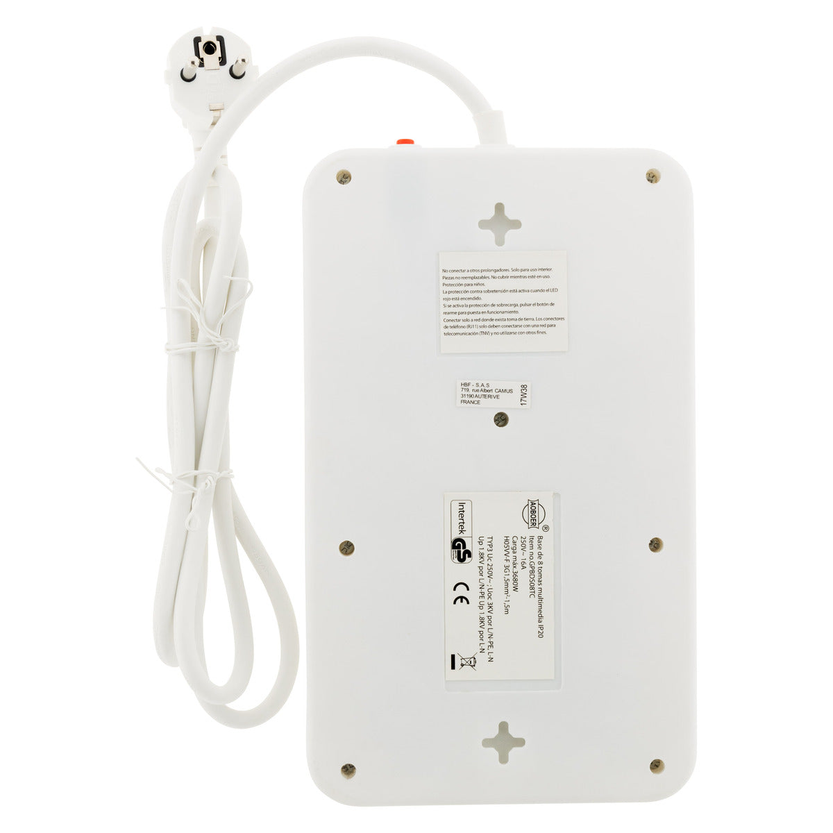 Multiprise 8 prises Schuko FILTRE+TV+ADSL+FAX - Blanc - Zenitech