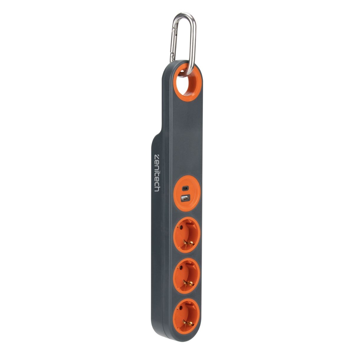 Multiprise 3 prises Schuko + crochets + lumière + 2 USB A+C - Gris/Orange - Klipo - Zenitech